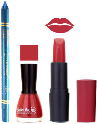 

Fashion Bar Nail Polish , otg Lipstick , Turquoise Blue Kajal Combo73(Set of 3)