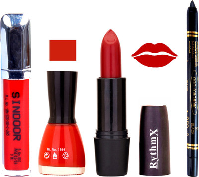 

Rythmx Pure Red Lipstick Red Nail Polish Non Transfer Black kajal Sindoor 184(Set of 4)