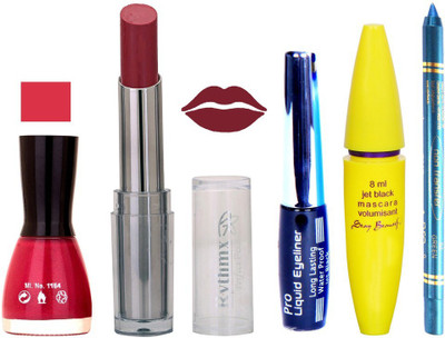 

Rythmx Intense Matte Burgandy Shade Lipstick, Shimmer MazantaNail Polish,Black Eyeliner,Mascara, And Turquoise Blue Kajal 62Turquoise Blue(Set of 5)