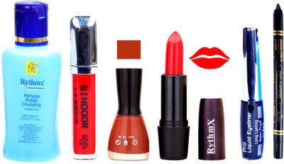 Rythmx Orange Lipstick Light Brown Nail Polish Remover Eye Liner Sindoor Black Kajal Combo Kit 9825(Set of 6)