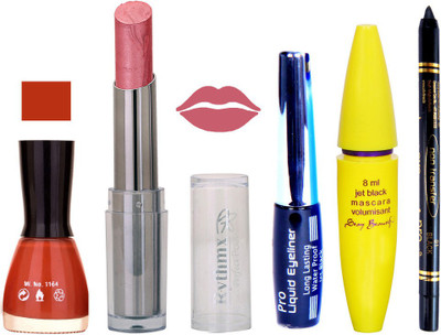 

Rythmx Intense Matte ShimmerLight Shade Lipstick, Brownish Pink Nail Polish,Black Eyeliner,Mascara, And Stay On Black Kajal 7309(Set of 5)