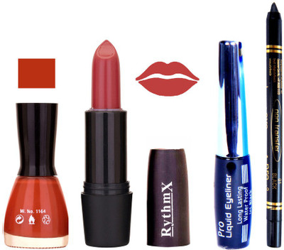 

Rythmx Orangy Browny Shades Nail Polish Gajri Color Lipstick With Eyeliner and Pro Non Transfer Black Kajal 68102(Set of 4)