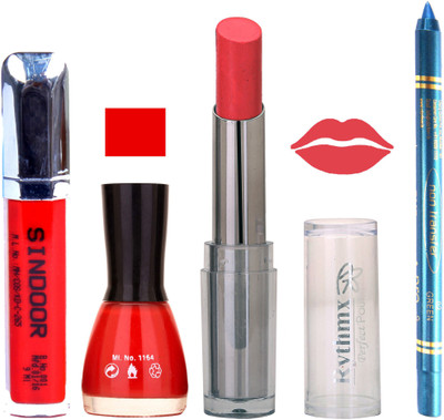

Rythmx Lipstick Sindoor,Nail Polish,Turquois Blue Kajal Makeup Pack Combo 589(Set of 4)
