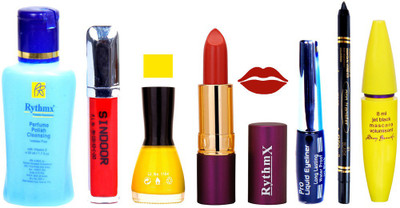 

Rythmx Lipstick ,Polish Remover, Sindoor, Nail Polish,EyeLiner,Black Kajal, Mascara, Makeup kit Combo 14065(Set of 7)