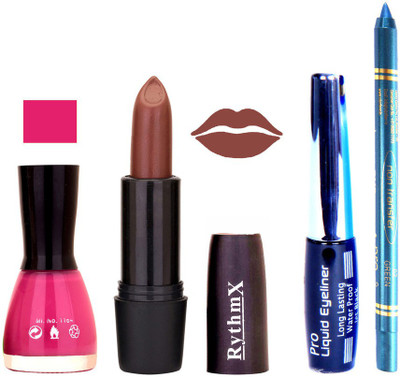 

Rythmx Mazanta Nail Polish Mazanta Lipstick With Eyeliner and Pro Non Transfer Blue Kajal 580111(Set of 4)