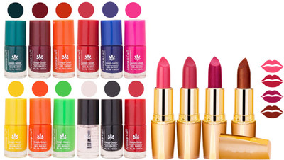 

Aroma Care 12 Piece Vibrant Color Nail Polish Combo Set With 4 Rythm Creamy Matte Lipstick Combo 05(Set of 16)