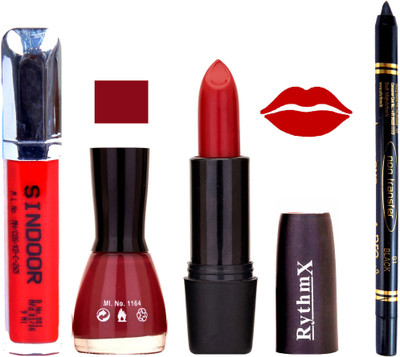

Rythmx Red Lipstick Maroon Nail Polish Non Transfer Black kajal Sindoor 176(Set of 4)