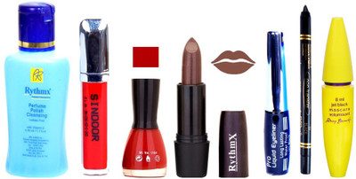 

Rythmx Brown Lipstick Red Nail Polish Remover Eye Liner Sindoor Pro Non Transfer Black Kajal Maskara Combo Kit 2865(Set of 7)