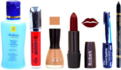 

Rythmx Maroon Lipstick Musted Nail Polish Remover Eye Liner Sindoor Black Kajal Combo Kit 9860(Set of 6)