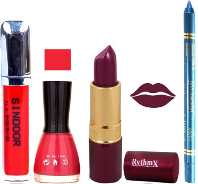 

Rythmx Mauve Mazanta Lipstick Barbie Pink Shade Nail Polish Sindoor and Non Pro Transfer Turquoise Blue Kajal Combo kit 9949(Set of 4)