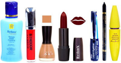 

Rythmx Maroon Lipstick Musted Nail Polish Remover Eye Liner Sindoor Pro Non Transfer Black Kajal Maskara Combo Kit 2860(Set of 7)
