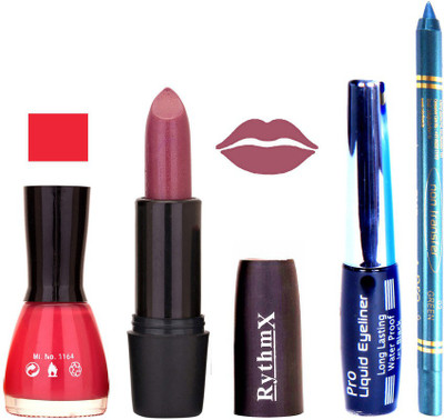 

Rythmx Light PinkNail Polish Shimmer Purple Lipstick With Eyeliner and Pro Non Transfer Blue Kajal 580139(Set of 4)