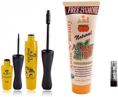

ADS Waterproof Eyeliner / Mascara / Scrub(100gm) with Kajal(Set of 4)