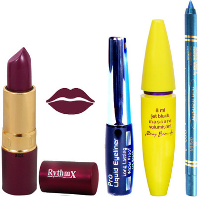 

Rythmx Mauve Lipstick Bold Look Eyeliner Non Pro Transfer Turqoise Blue Kajal Jet Black Volumisant Mascara Kit 30333(Set of 4)