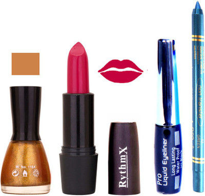 

Rythmx Glitter gold Nail PolishBright Mazanta Lipstick With Eyeliner and Pro Non Transfer Blue Kajal 580131(Set of 4)