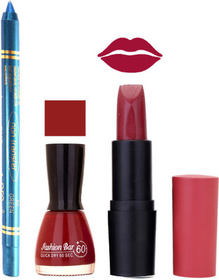 

Fashion Bar Nail Polish , otg Lipstick , Turquoise Blue Kajal Combo81(Set of 3)