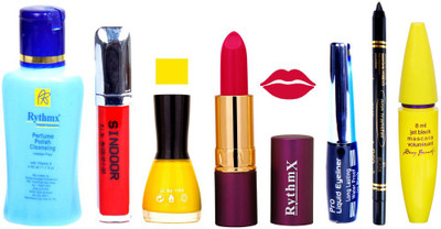 

Rythmx Lipstick ,Polish Remover, Sindoor, Nail Polish,EyeLiner,Black Kajal, Mascara, Makeup kit Combo 14066(Set of 7)