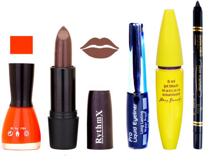 

Rythmx Choclaty Brown Lipstick Orange Nail Polish Choclaty With Black EyeLiner Zed Black Kajal and Volumisant Express MasCara G(Set of 5)