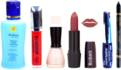 

Rythmx Redish Brown Shade Lipstick White Nail Polish Remover Eye Liner Sindoor Black Kajal Combo Kit 9802(Set of 6)