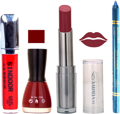 

Rythmx Lipstick Sindoor,Nail Polish,Turquois Blue Kajal Makeup Pack Combo 585(Set of 4)
