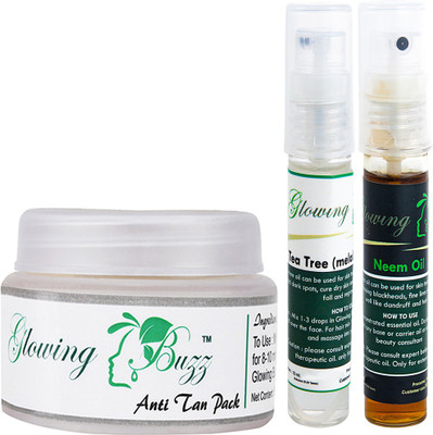 

Glowing Buzz Combo of 1 Natural Anti Tan Pack for Face, Dark Under Arms and Hands, 1 Tea Tree Essential Oil and 1 Neem Essential Oil(Set of 3)
