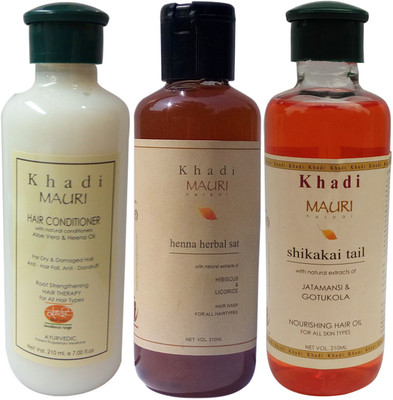 

Khadi Mauri Herbal Hair Conditioner - Henna Sat Shampoo & Shikakai Oil Combo Pack of 3 Ayurvedic Natural 210 ml each(Set of 3)