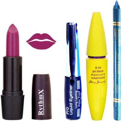 

Rythmx Purple Lipstick Bold Look Eyeliner Non Pro Transfer Turqoise Blue Kajal Jet Black Volumisant Mascara Kit 3093(Set of 4)