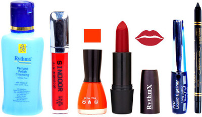 

Rythmx Red Lipstick Orange Nail Polish Remover Eye Liner Sindoor Black Kajal Combo Kit 9810(Set of 6)