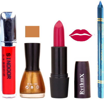 

Rythmx Bright Mazanta Lipstick Glitter Gold Shade Nail Polish Sindoor and Non Pro Transfer Turquoise Blue Kajal Combo kit 9940(Set of 4)