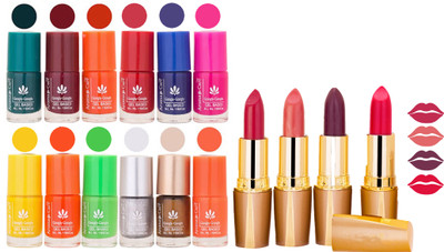 

Aroma Care 12 Piece Vibrant Color Nail Polish Combo Set With 4 Rythm Creamy Matte Lipstick Combo 101(Set of 16)