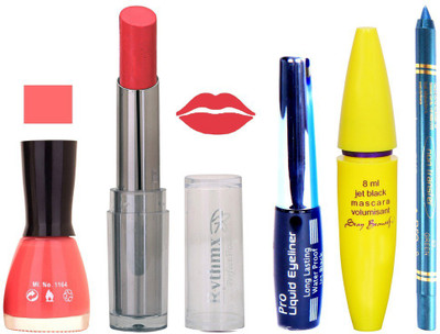 

Rythmx Intense Matte Peaches Pink Shade Lipstick, Pink Nail Polish,Black Eyeliner,Mascara, And Turquoise Blue Kajal 644(Set of 5)