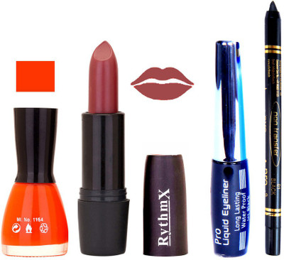

Rythmx Orange Nail Polish Redish Brown Lipstick With Eyeliner and Pro Non Transfer Black Kajal 68094(Set of 4)