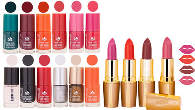 

Aroma Care 12 Piece Vibrant Color Nail Polish Combo Set With 4 Rythm Creamy Matte Lipstick Combo 159(Set of 16)