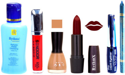 

Rythmx Maroon Lipstick Musted Nail Polish Remover Eye Liner Sindoor Turquoise Blue Kajal Combo Kit 8942(Set of 6)