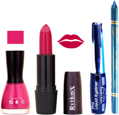 

Rythmx Voilet Purple Nail Polish Brown Lipstick With Eyeliner and Pro Non Transfer Blue Kajal 580112(Set of 4)