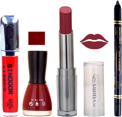 

Rythmx Lipstick Sindoor,Nail Polish,Black Kajal Makeup Pack Combo 648(Set of 4)