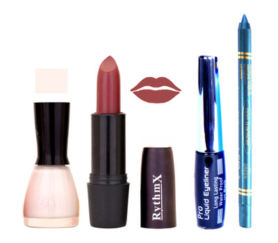 

Rythmx White Nail Polish gajri Lipstick With Eyeliner and Pro Non Transfer Blue Kajal 58091(Set of 4)