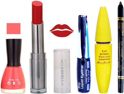 

Rythmx Intense Matte Reviving Red Shade Lipstick, Pink Nail Polish,Black Eyeliner,Mascara, And Stay On Black Kajal 7345(Set of 5)