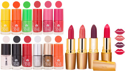 

Aroma Care 12 Piece Vibrant Color Nail Polish Combo Set With 4 Rythm Creamy Matte Lipstick Combo 113(Set of 16)