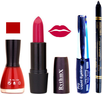 

Rythmx Cherry Red Nail Polish Bright Mazanta Lipstick With Eyeliner and Pro Non Transfer Black Kajal 68095(Set of 4)