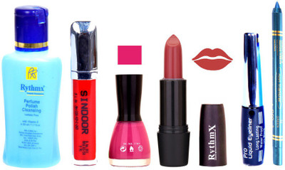

Rythmx Gajri Pink Lipstick Voilet Purple Nail Polish Remover Eye Liner Sindoor Turquoise Blue Kajal Combo Kit 8902(Set of 6)