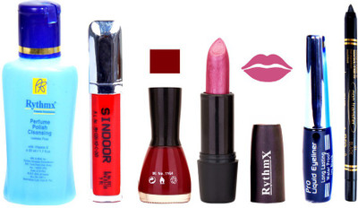 

Rythmx Shimmer Purple Lipstick Dark Red Nail Polish Remover Eye Liner Sindoor Black Kajal Combo Kit 9823(Set of 6)