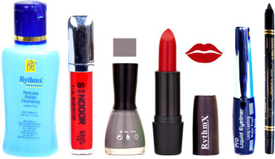 

Rythmx Red Lipstick Grey Nail Polish Remover Eye Liner Sindoor Black Kajal Combo Kit 9855(Set of 6)
