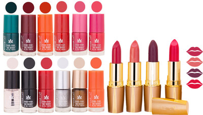 

Aroma Care 12 Piece Vibrant Color Nail Polish Combo Set With 4 Rythm Creamy Matte Lipstick Combo 102(Set of 16)