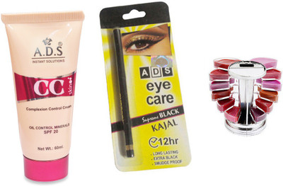 

ADS CC Cream (SPF-20) / Eye Care Kajal / Lipgloss Palette(Set of 3)