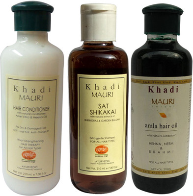 

Khadi Mauri Herbal Conditioner Sat Shikakai Shampoo & Amla Hair Oil Combo Pack of 3 Ayurvedic Natural 210 ml each(Set of 3)