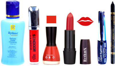 

Rythmx Redish Orange Lipstick Orangey Brown Nail Polish Remover Eye Liner Sindoor Black Kajal Combo Kit 9833(Set of 6)