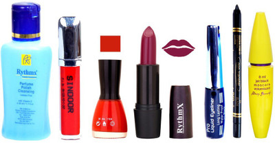 

Rythmx Brown Lipstick Yellow Nail Polish Remover Eye Liner Sindoor Pro Non Transfer Black Kajal Maskara Combo Kit 2805(Set of 7)