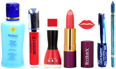 

Rythmx Purple Lipstick ,Polish Remover, Sindoor, Nail Polish,EyeLiner,Turqoise Blue Kajal, Makeup kit Combo 12008(Set of 6)