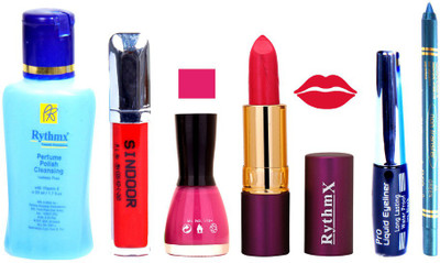 

Rythmx Purple Lipstick ,Polish Remover, Sindoor, Nail Polish,EyeLiner, Remover,Turqoise Blue Kajal, Makeup kit Combo 12012(Set of 6)
